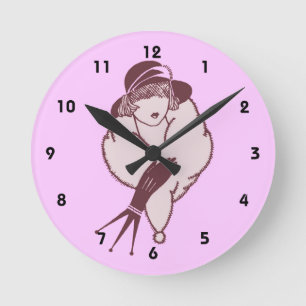 Horloge Ronde Femme en étole de fourrure Art Déco