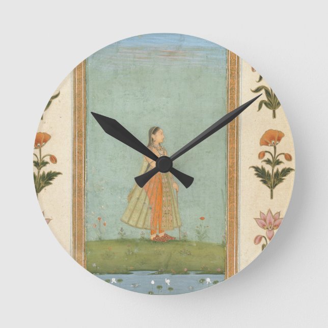 Horloge Ronde Femme tenant une fleur, debout près d'un étang de  (Recto)