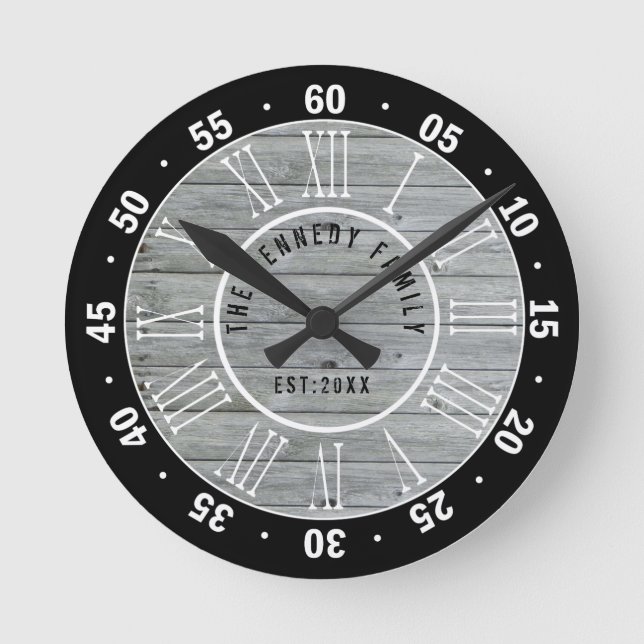 Horloge Ronde Ferme en bois gris noir Nom de famille 60 minutes (Recto)