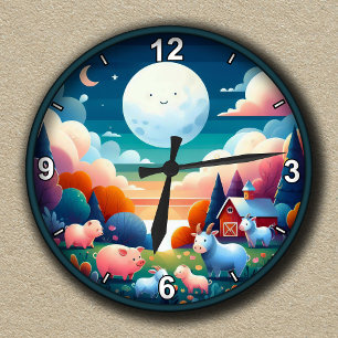 Horloge Ronde Ferme fantaisiste personnalisable de nuit