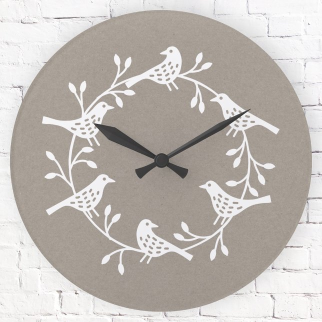 Horloge Ronde Festif Oiseau et Fleur Scandi Wreath (Scandinavian folk art style white and neutral beige bird wall clock)