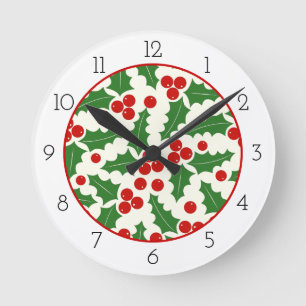 Horloge Ronde Fête de Noël Holly Berry et frontière