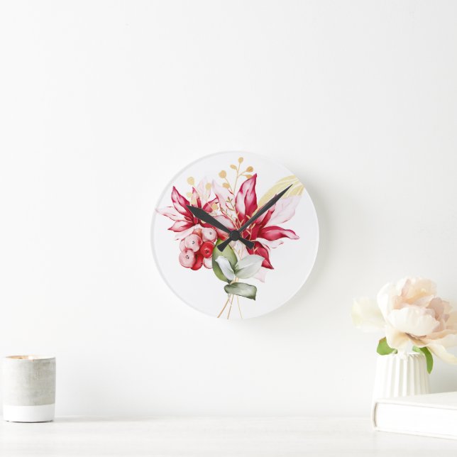 Horloge Ronde Fête d'hiver poinsettia aquarelle fleurs (Maison)