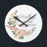 Horloge Ronde Fête du 100e anniversaire de l'ivoire rustique<br><div class="desc">Des roses blanches en ivoire et des bourgeons roses brillants créent une couronne florale très rustique. Sangez l'eucalyptus vert à la floraison florale. Le nom de la femme d'anniversaire est écrit en gros caractères. Le 100ème anniversaire suit. Cette horloge murale d'anniversaire fait partie de la collection Rustic Ivory White Rose....</div>