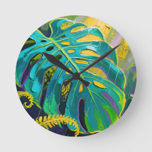 Horloge Ronde Feuille de Monstera Jungle Pluie