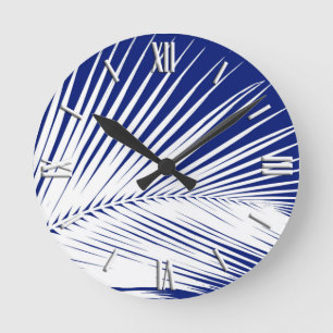 Horloge Ronde Feuille de palme - bleu marine et blanc