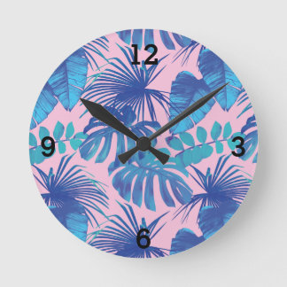 Horloge Ronde Feuille de palme tropicale bleu rose