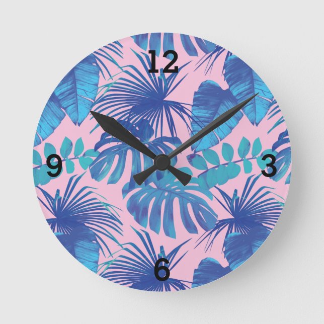 Horloge Ronde Feuille de palme tropicale bleu rose (Recto)