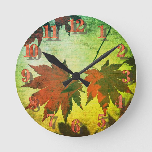 Horloge Ronde Feuille d'érable japonaise et script rouge vert (Recto)