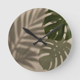 Horloge Ronde Feuille Tropicale Minimaliste de Monstera Verte Om