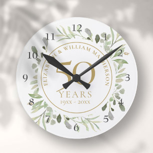 Horloge Ronde Feuilles Aquarelle Douce 50e Anniversaire