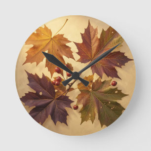 Horloge Ronde Feuilles de érable automnales élégantes Rouge Baie