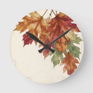 Horloge Ronde Feuilles de érable d'automne à l'aquarelle Élégant