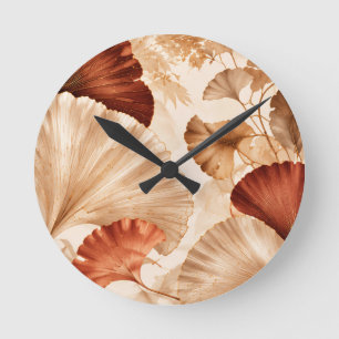 Horloge Ronde Feuilles de Ginkgo dorées Élégant design botanique