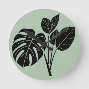 Horloge Ronde Feuilles de Monstera Minimalisme Tropical Sage