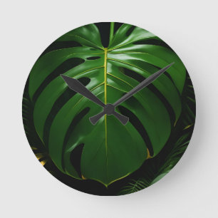 Horloge Ronde Feuilles de Monstera Or Jungle Glamour