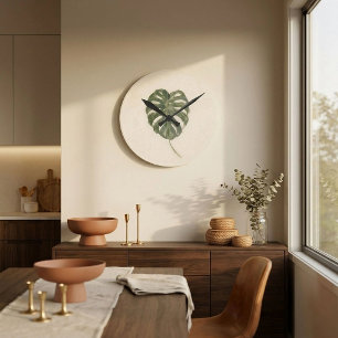 Horloge Ronde Feuilles de Monstera Variegées Minimalistes Plante