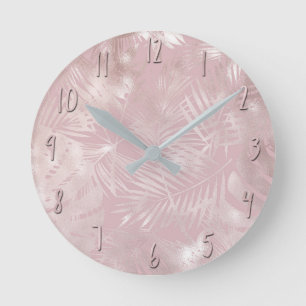 Horloge Ronde Feuilles de palmier tropical botanique rose or ros
