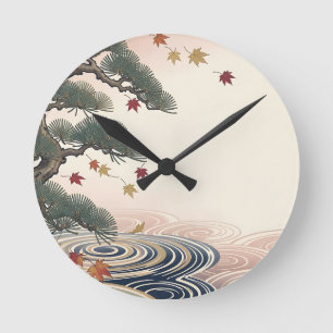 Horloge Ronde Feuilles d'érable de pin japonais Vagues d'automne