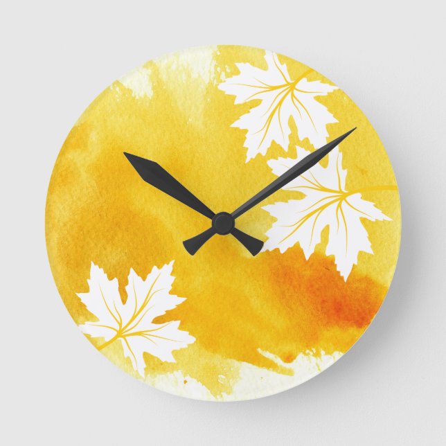 Horloge Ronde Feuilles d'érable modernes à l'aquarelle jaune (Recto)