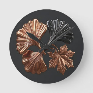Horloge Ronde Feuilles métalliques de cuivre noir Ginkgo Maple