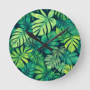 Horloge Ronde Feuilles Tropicales de Monstera Motif Jungle