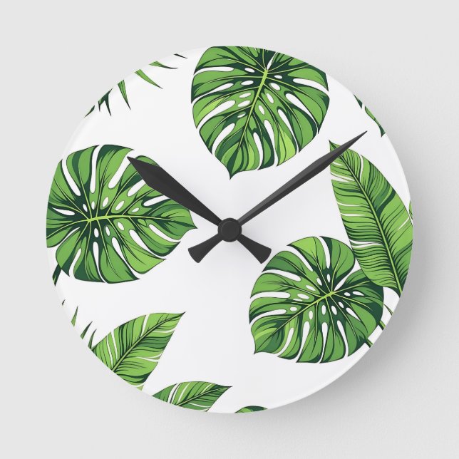 Horloge Ronde Feuilles tropicales de Monstera motif sans couture (Recto)