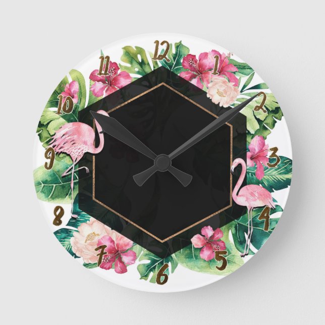 Horloge Ronde Feuilles tropicales & Flamants rose Or Noir Chic (Recto)