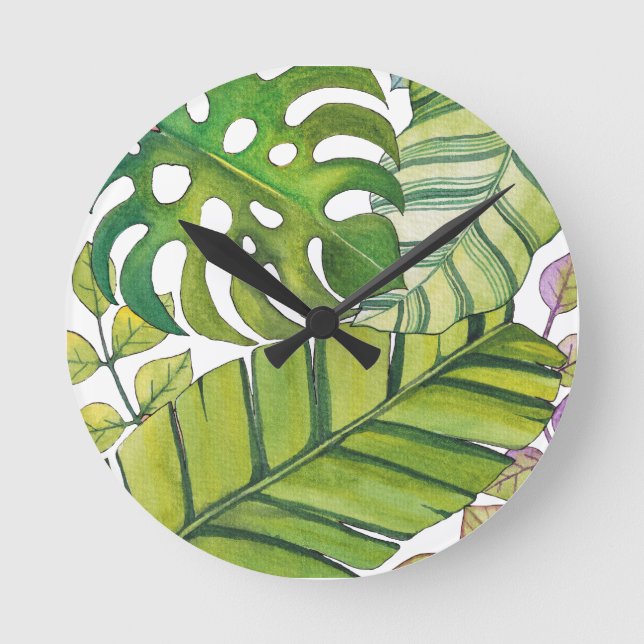 Horloge Ronde Feuilles Tropicaux En Aquarelle (Recto)