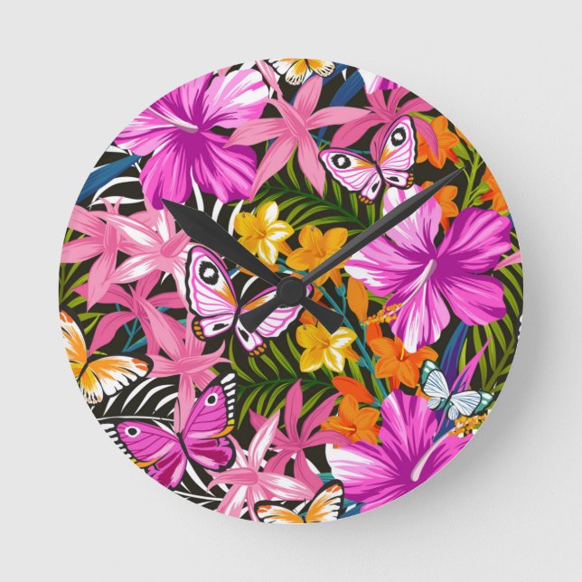 Horloge Ronde Feuilles tropicaux et fleurs (Recto)