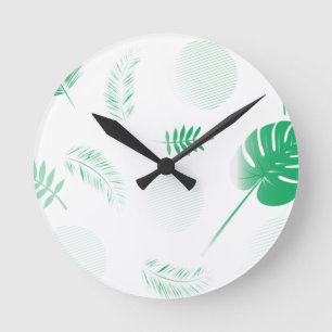 Horloge Ronde Feuilles vert tendre sur blanc