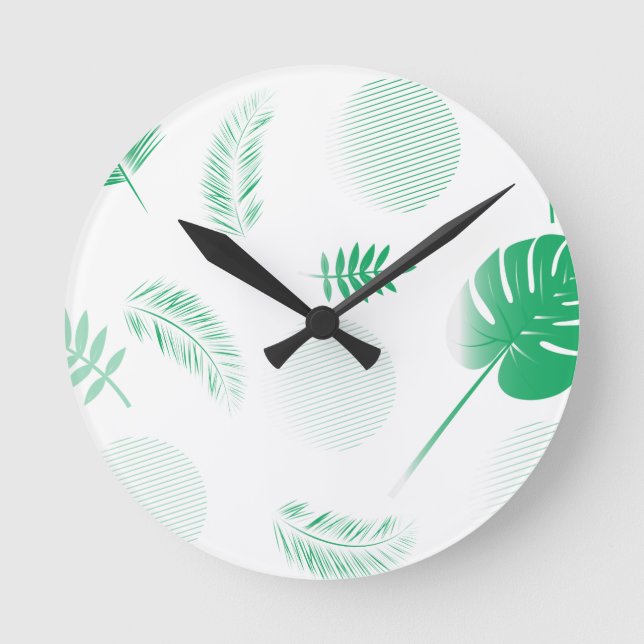 Horloge Ronde Feuilles vert tendre sur blanc (Recto)