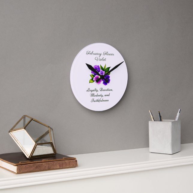 Horloge Ronde Février Mois de naissance Violet Fleur Delicet Flo (Bureau)