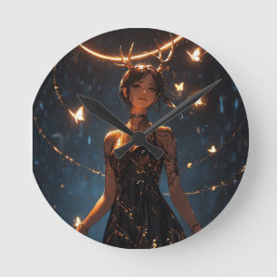 Horloge Ronde Fille aux bois de cerf mystique et halo de papillo