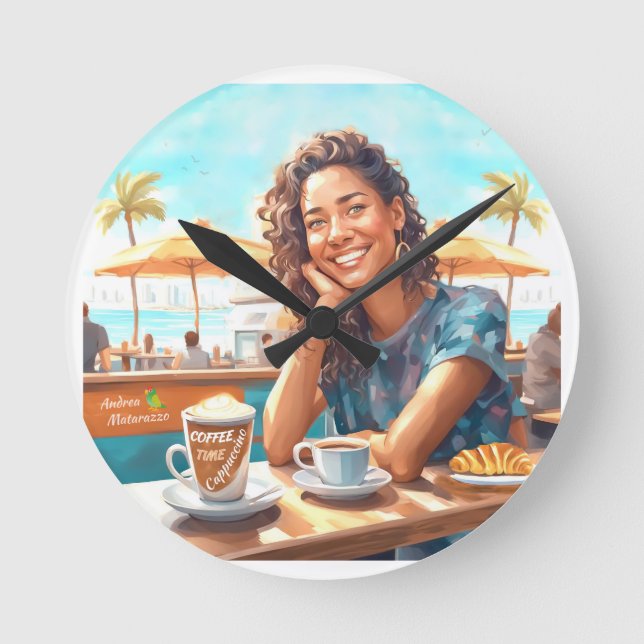 Horloge Ronde Fille avec pause café (Recto)