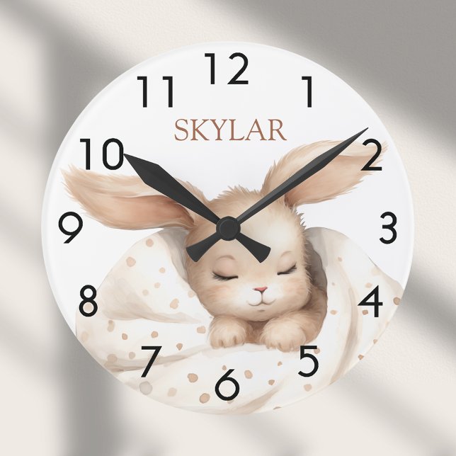 Horloge Ronde Fille bébé lapin beige blanc pépinière (Créateur téléchargé)