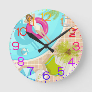Horloge Ronde fille de fête en piscine en bikini été plage