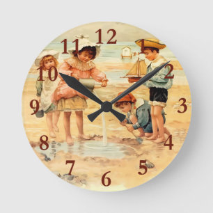 Horloge Ronde Fille de garçon de plage vintage Fine Art pour enf