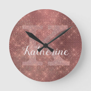 Horloge Ronde Fille Diamant Cuivre Étincelle Glam Nom Monogramme