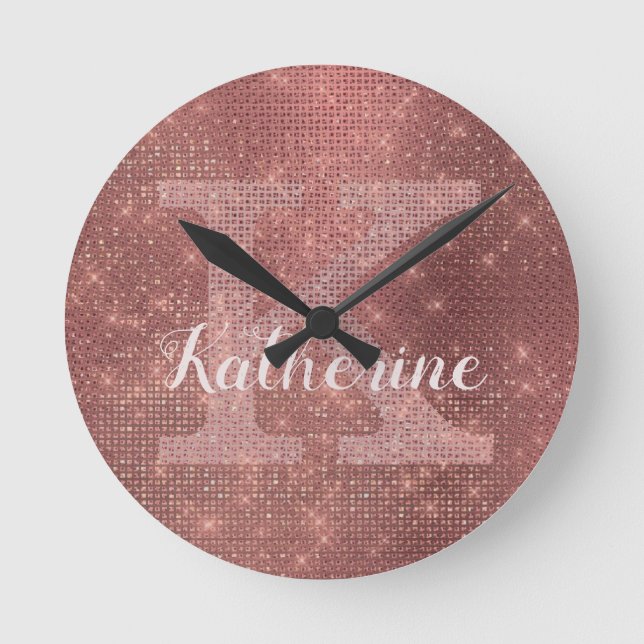 Horloge Ronde Fille Diamant Cuivre Étincelle Glam Nom Monogramme (Recto)