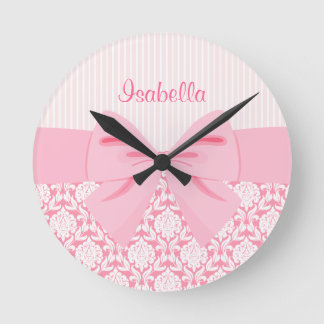 Horloge Ronde Fille Elegant Rose Damask Wrap Bow Personnalisé
