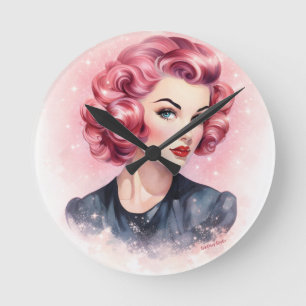 Horloge Ronde Fille Glamour Rétro Rose Pin-Up