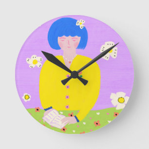 Horloge Ronde Fille lisant l'art folklorique fantaisiste Coloré