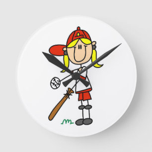 Horloge Ronde Fille Stick Figure Baseball En Attente Au Bâton