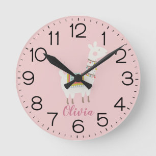 Horloge Ronde Filles Cute Rose Llama Custom Nursery Enfants
