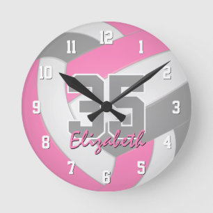 Horloge Ronde filles gris rose personnalisées volley-ball