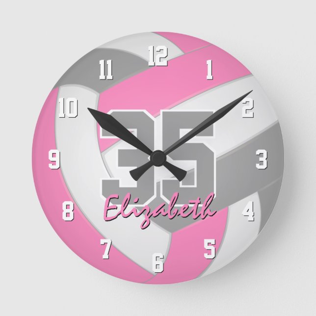 Horloge Ronde filles gris rose personnalisées volley-ball (Recto)
