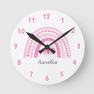 Horloge Ronde Filles mignonne Boho rose Arc en ciel et nom Enfan
