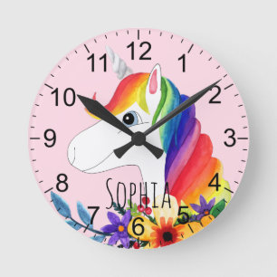 Horloge Ronde Filles mignonne rose Aquarelle Fleur Unicorne Enfa