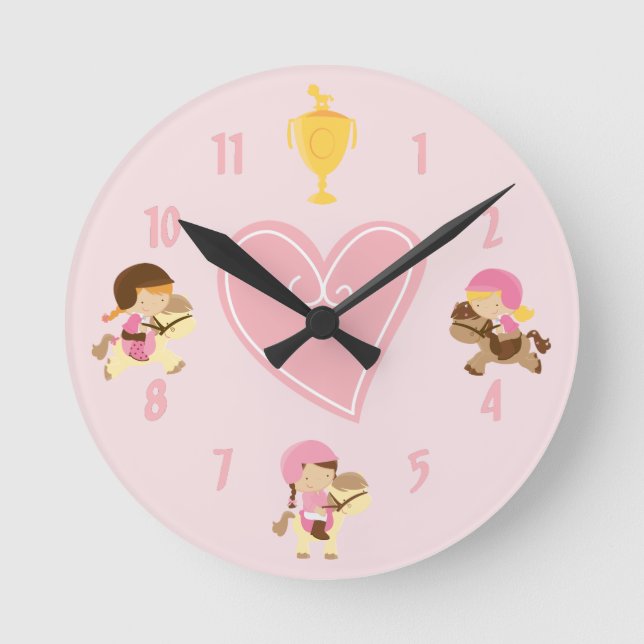 Horloge Ronde Filles mignonnes et poneys avec anglais Tack Pink  (Recto)